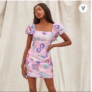 Lulus pink floral puff sleeve jacquard mini dress